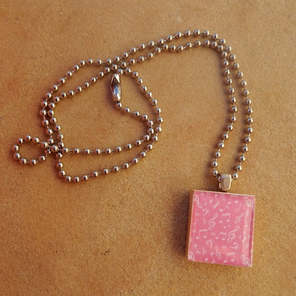 Pink Music Note Scrabble Tile Pendant Upcycled Repurposed Game Piece Necklace - Picture 3 of 8